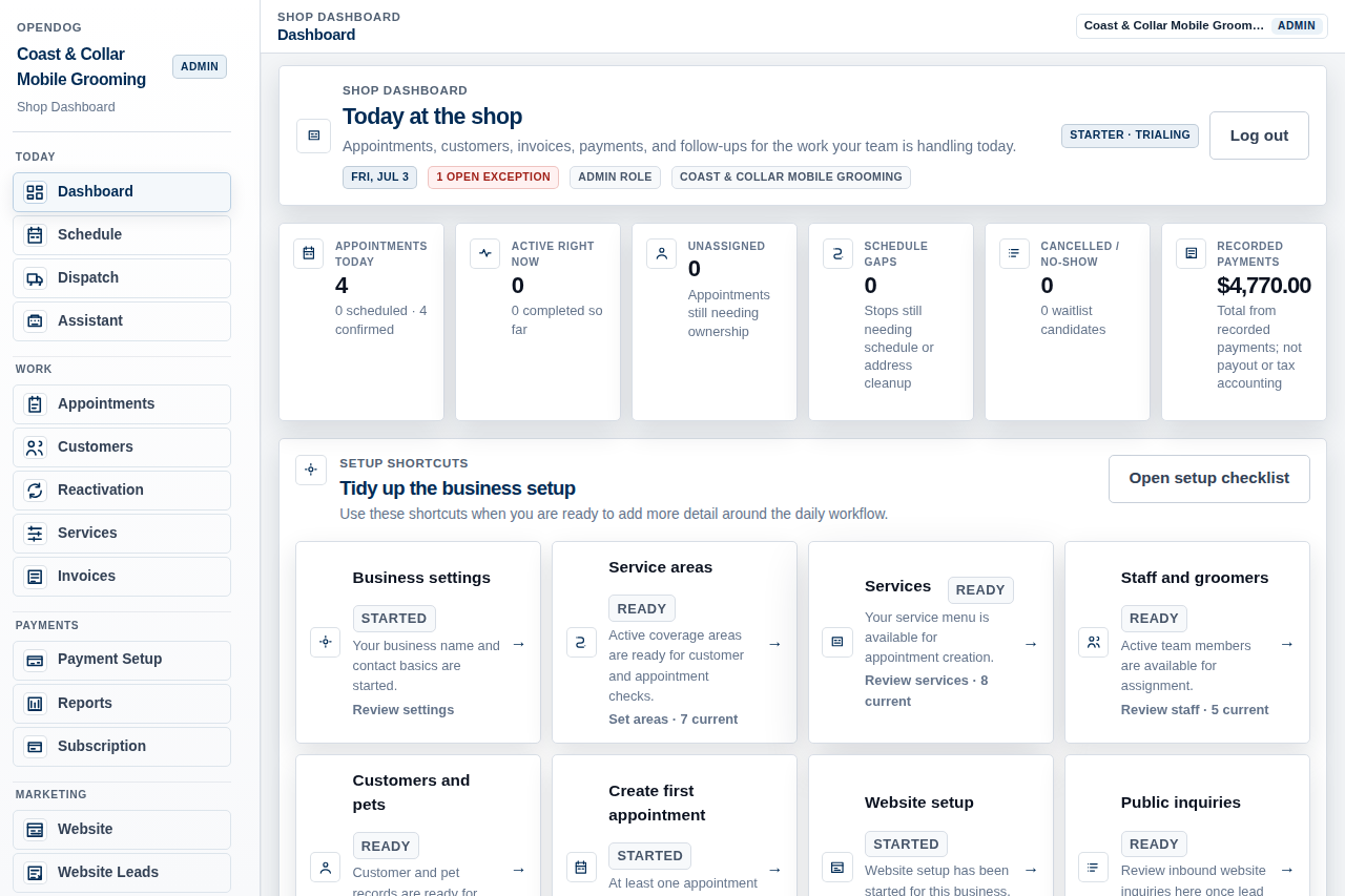 Coast & Collar OpenDog dashboard showing setup shortcuts, services, customers, staff, and website readiness.