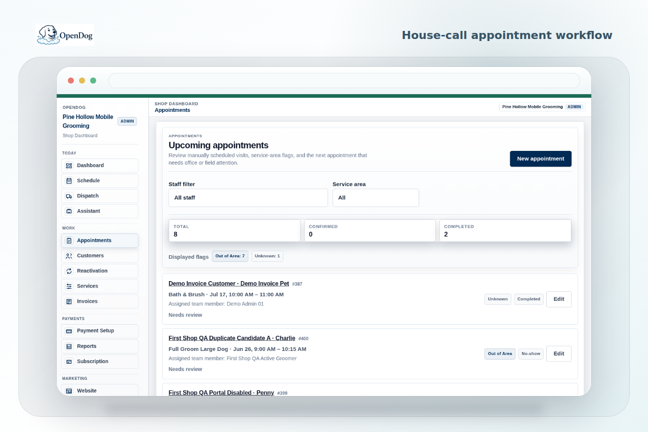 OpenDog appointments screen showing house-call appointment workflow context.