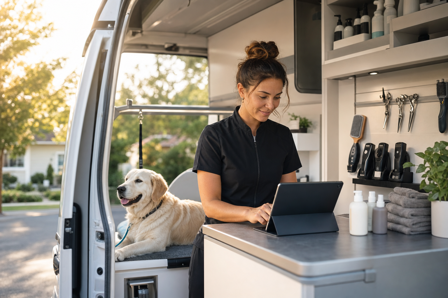 New mobile grooming business owner setting up OpenDog from a tablet with a dog nearby.