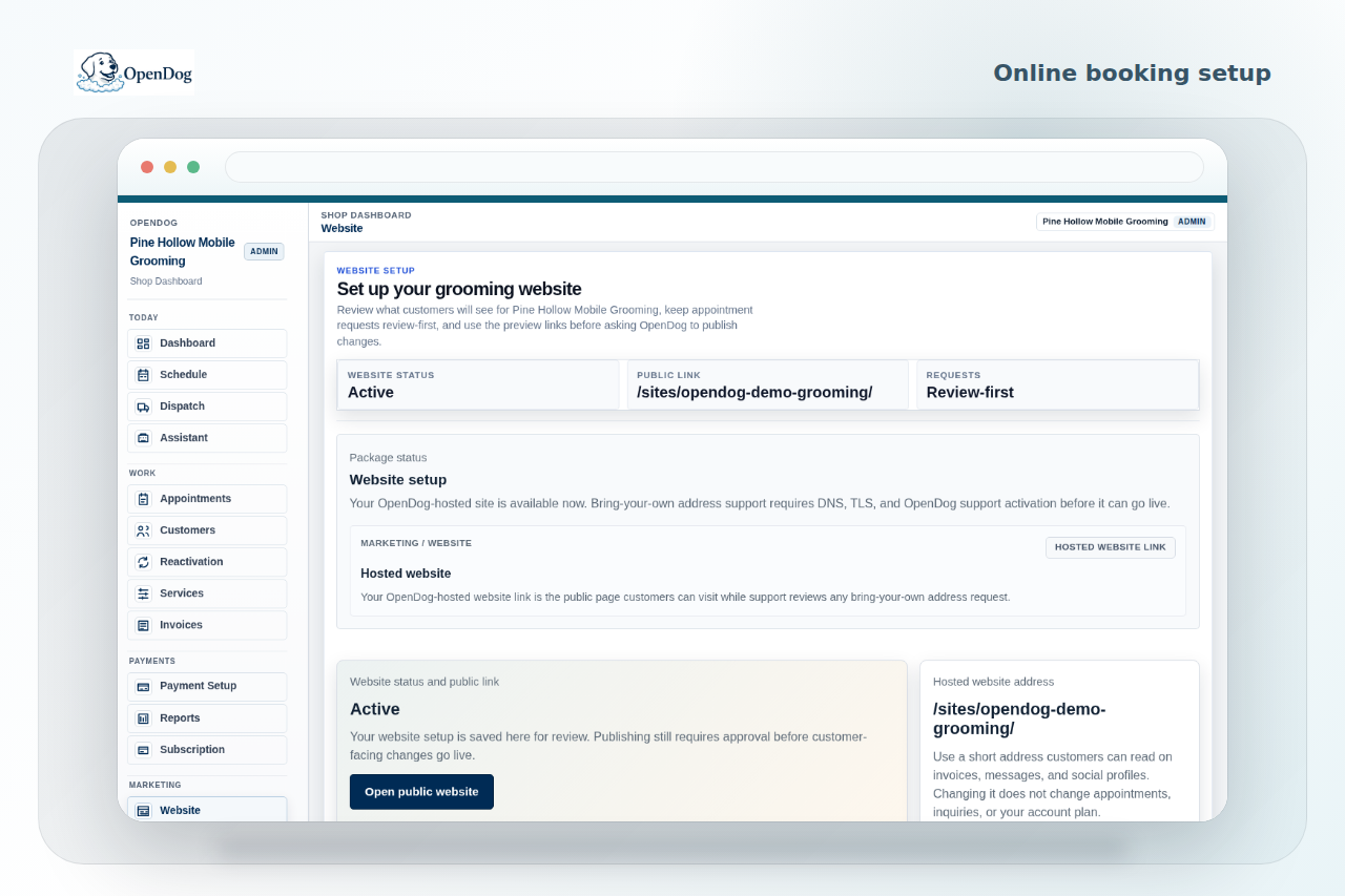 OpenDog website setup screen showing online booking setup context.