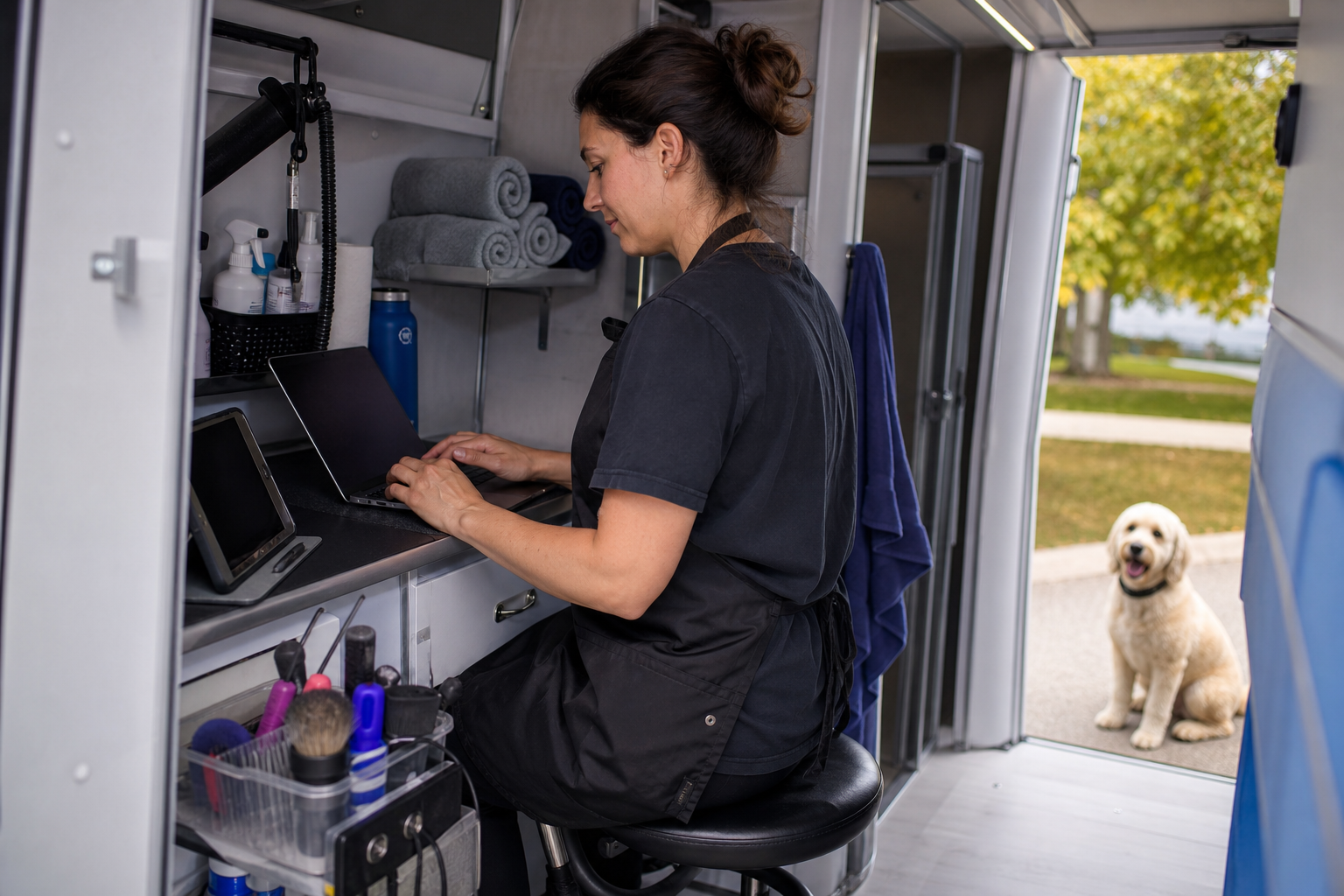 Mobile groomer running the grooming day from a laptop and tablet in a van workspace.