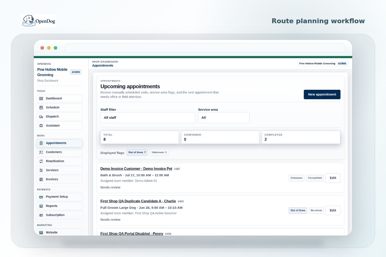 OpenDog appointments screen showing route planning workflow context.
